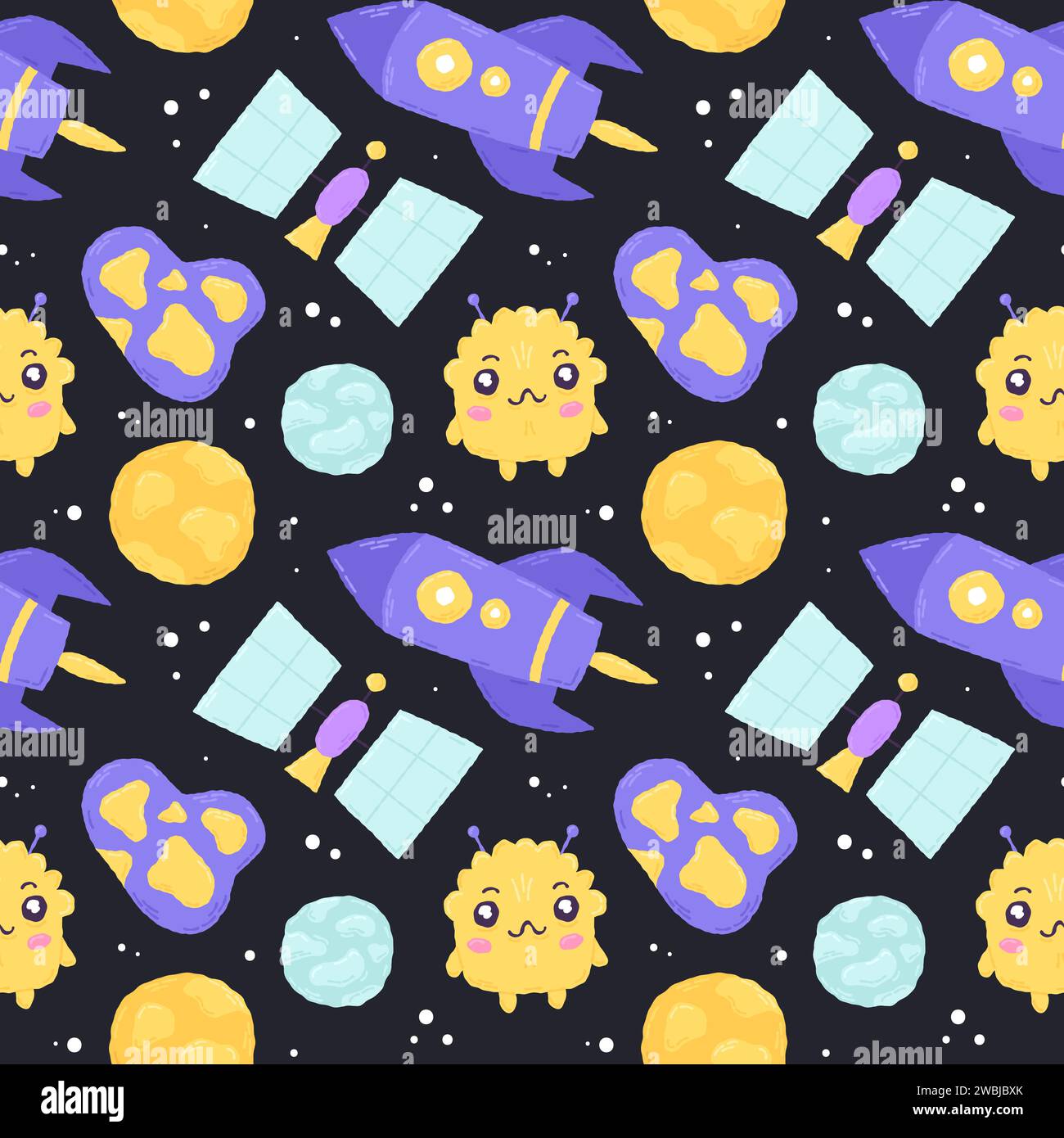 Baby cute motivo senza cuciture con elementi spaziali su sfondo scuro. Stile cartone animato piatto disegnato a mano. Illustrazione vettoriale Illustrazione Vettoriale