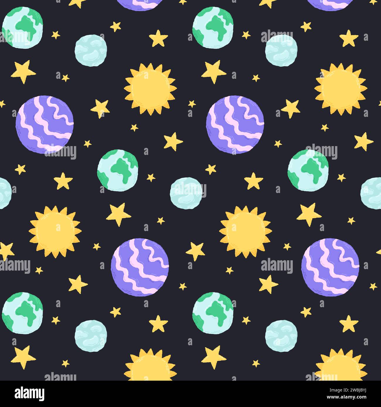 Baby cute motivo senza cuciture con elementi spaziali su sfondo scuro. Stile cartone animato piatto disegnato a mano. Illustrazione vettoriale Illustrazione Vettoriale