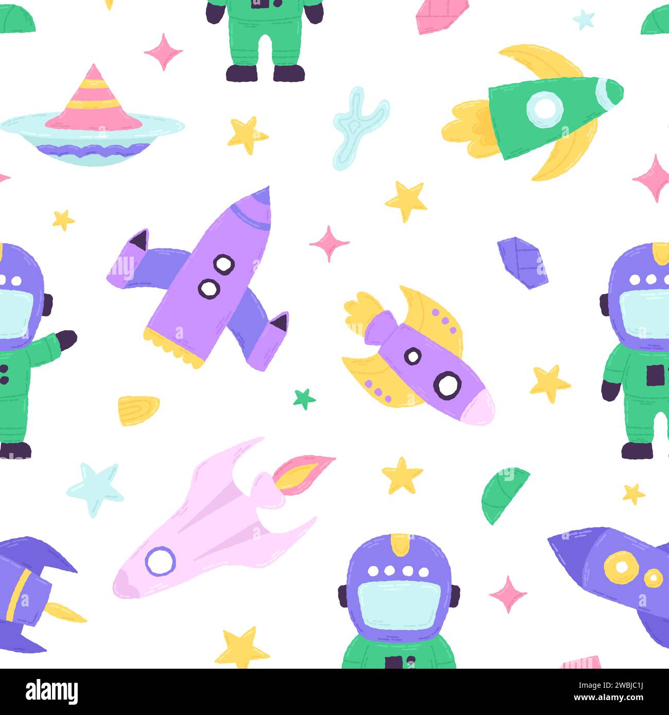 Baby cute motivo senza cuciture con elementi spaziali su sfondo bianco. Stile cartone animato piatto disegnato a mano. Illustrazione vettoriale Illustrazione Vettoriale