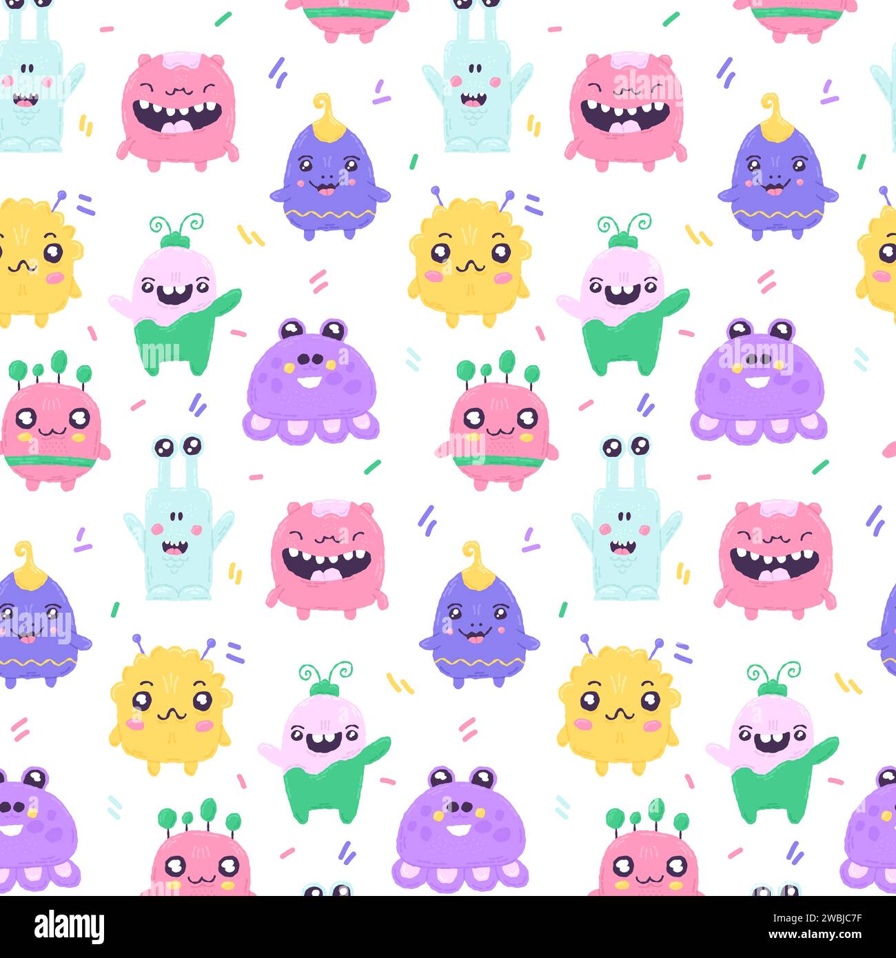 Baby cute motivo senza cuciture con elementi spaziali su sfondo bianco. Stile cartone animato piatto disegnato a mano. Illustrazione vettoriale Illustrazione Vettoriale