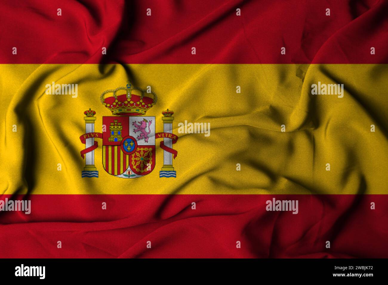 Messa a fuoco selettiva della bandiera spagnola, con tessuto ondulato. illustrazione 3d. Foto Stock