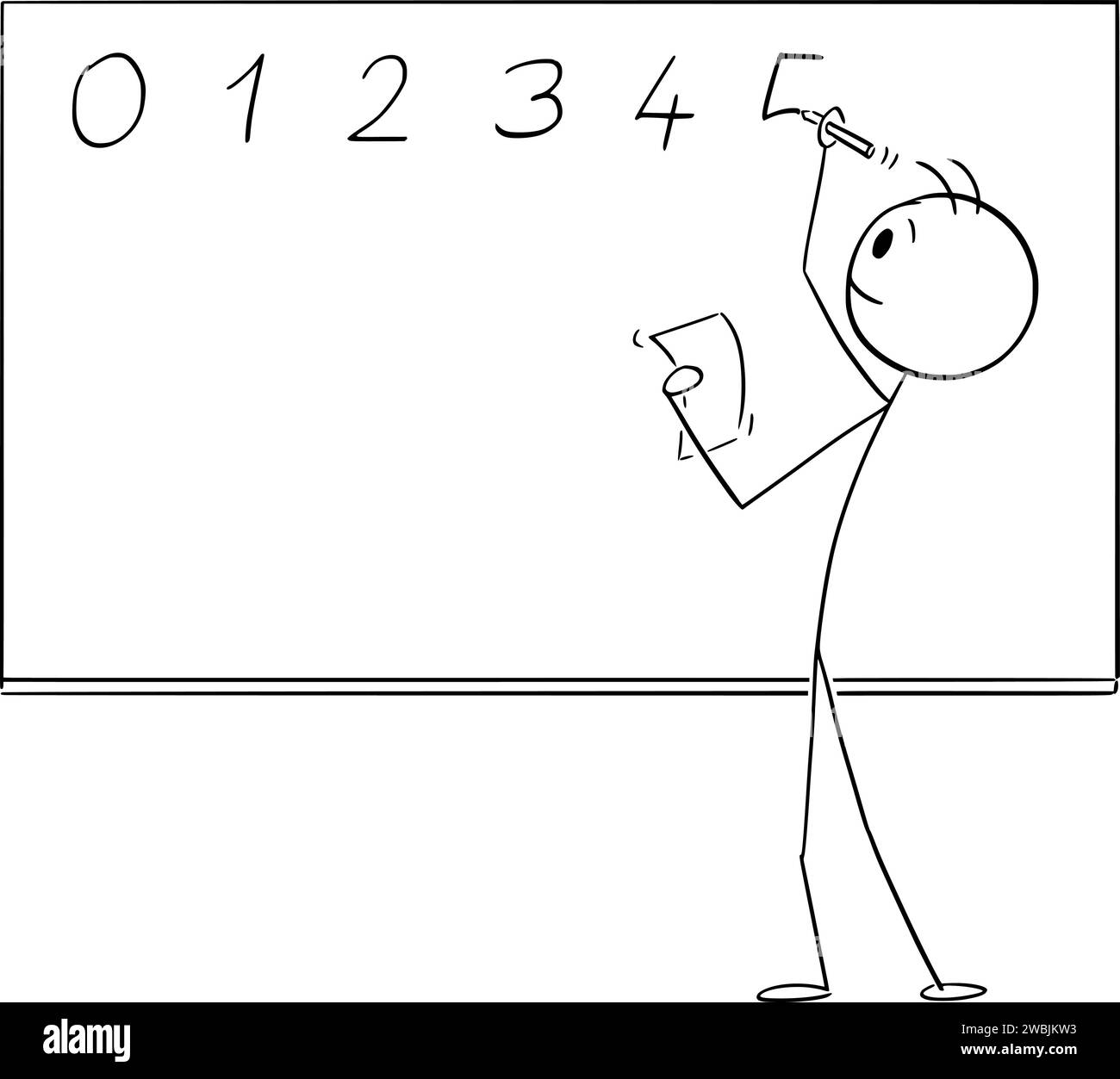 Insegnante o studente che scrive i numeri su lavagna o lavagna, illustrazione della figura Vector Cartoon Stick Illustrazione Vettoriale