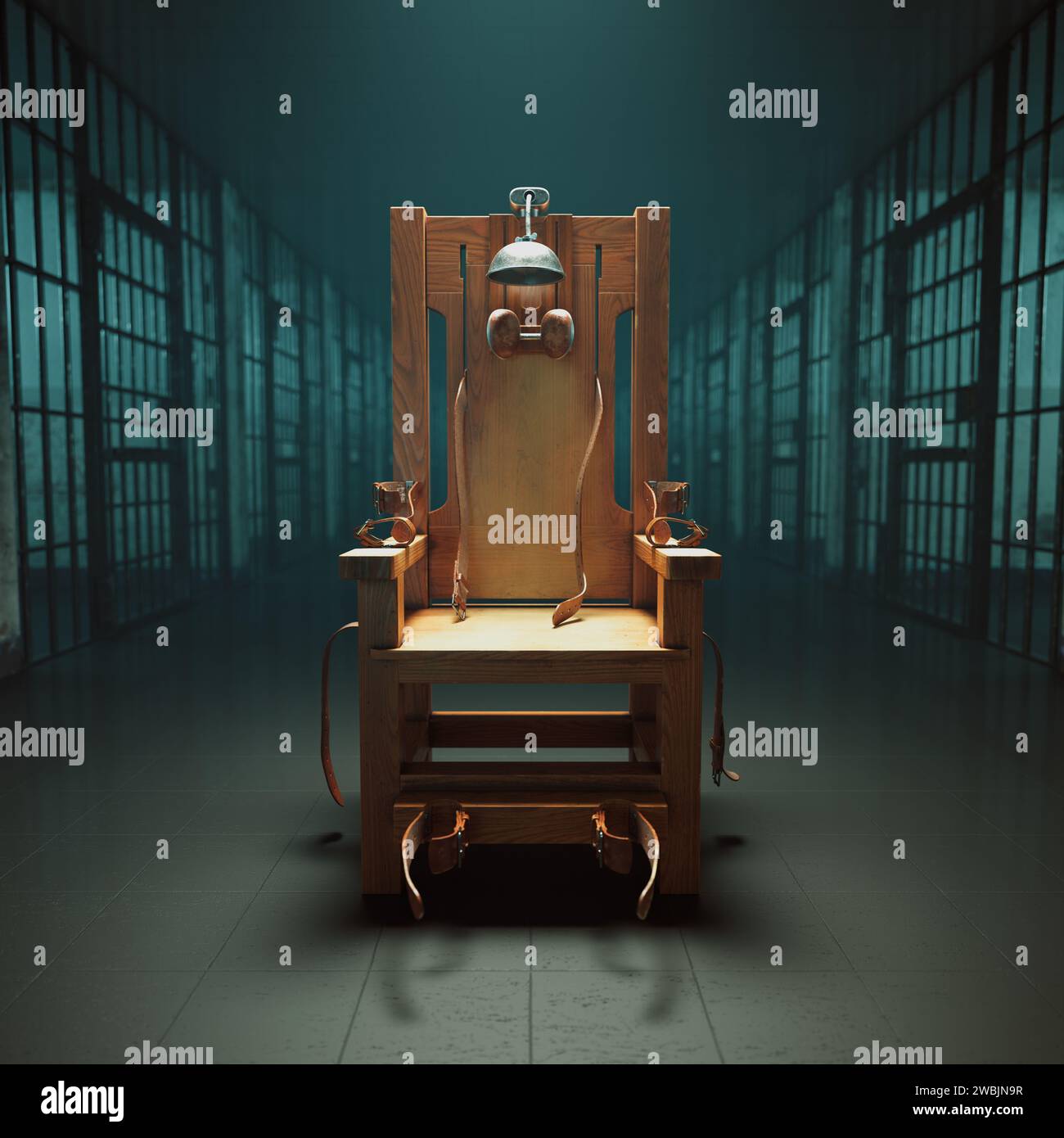 Una fresca sedia elettrica in legno si trova in solitudine all'interno di un inquietante blocco di celle carcerarie poco illuminato, evocando le dure realtà della capitale storica Foto Stock