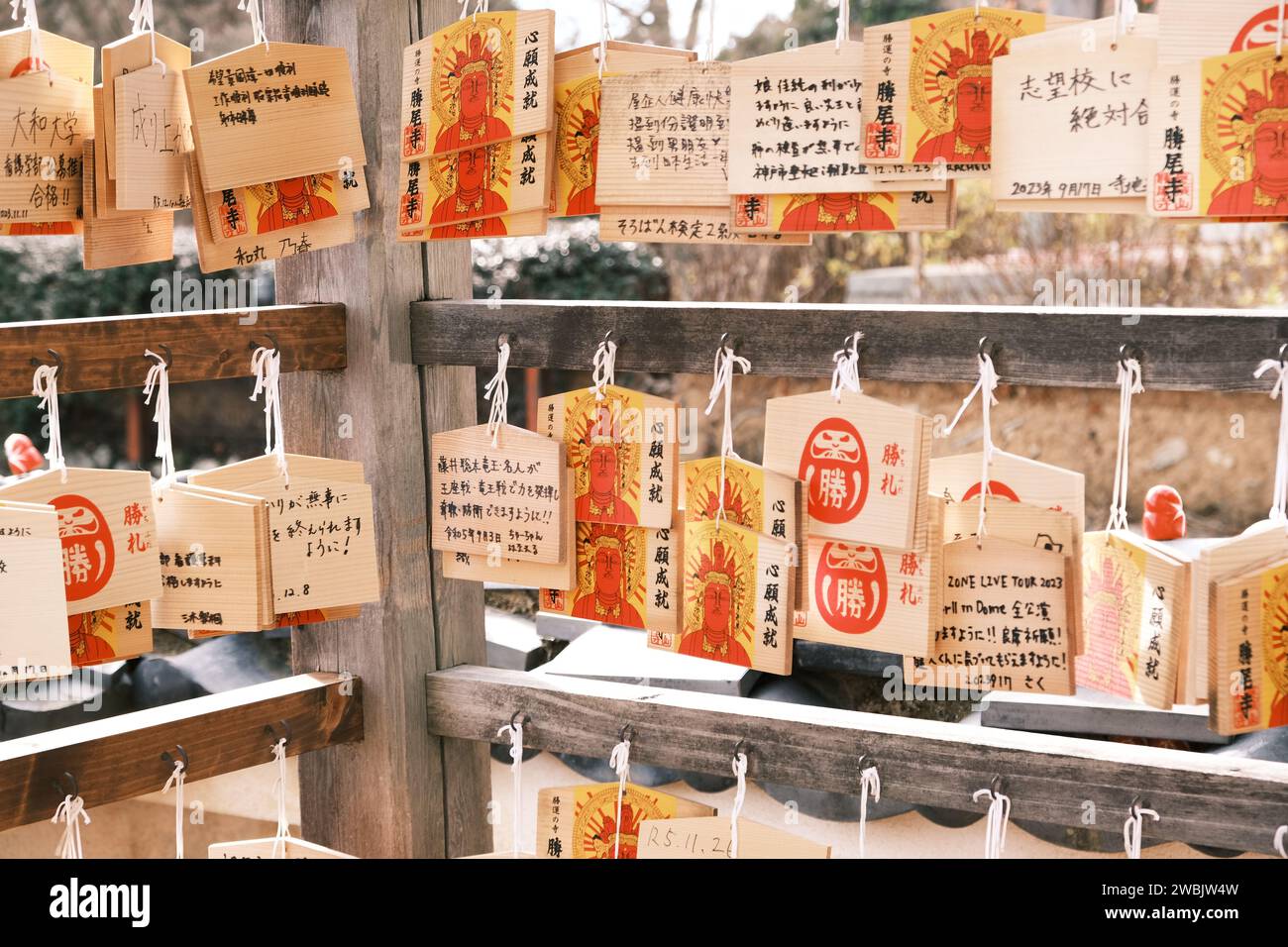 Biglietti di preghiera giapponesi in un santuario, Osaka, JP Foto Stock