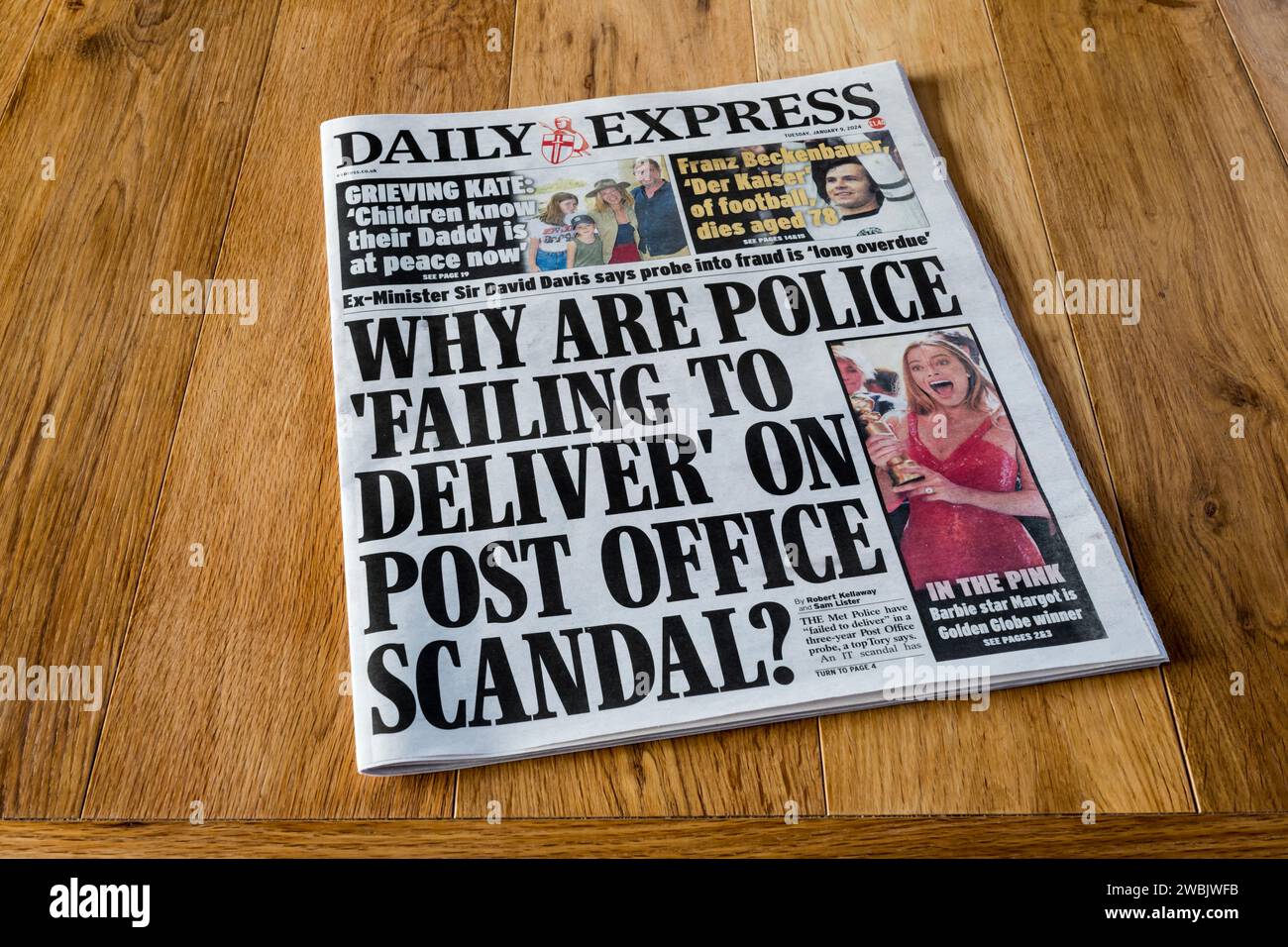 9 gennaio 2024. Il titolo della prima pagina del Daily Express dice perché la polizia "non riesce a consegnare" lo scandalo dell'ufficio postale? Foto Stock