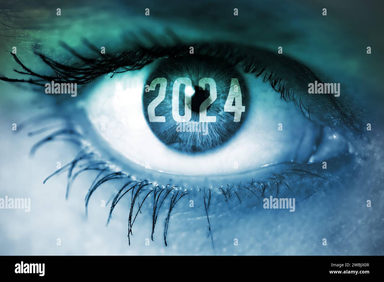 The Year 2024 in A Female Eye, Symbol Photo for the Year 2024 and its Challenges, photomontage Foto Stock