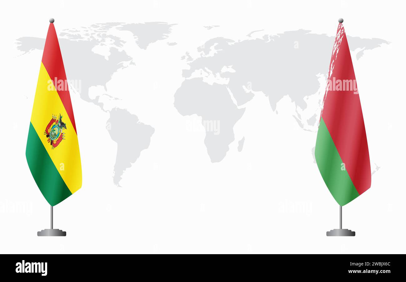 Bandiere boliviane e bielorusse per incontri ufficiali sullo sfondo della mappa mondiale. Illustrazione Vettoriale