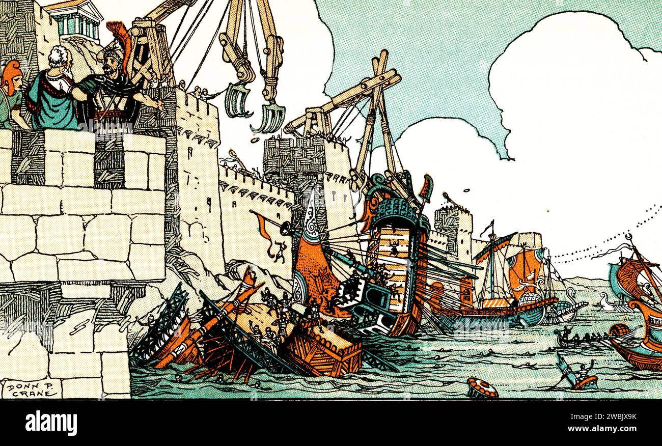 Archimede nel suo giardino mentre i Romani prendono Siracusa. Di Donn Philip Crane (1878-1944). L'assedio di Siracusa da parte della Repubblica Romana ebbe luogo nel 213-212 a.C. e i Romani riuscirono ad assaltare con successo la città ellenistica di Siracusa dopo un lungo assedio, dando loro il controllo dell'intera isola di Sicilia. Durante l'assedio, la città fu protetta dalle armi sviluppate da Archimede (c287-c212 a.C.). Archimede fu ucciso alla fine dell'assedio da un soldato romano, in violazione delle istruzioni del proconsole romano Marcello di risparmiargli la vita. Foto Stock