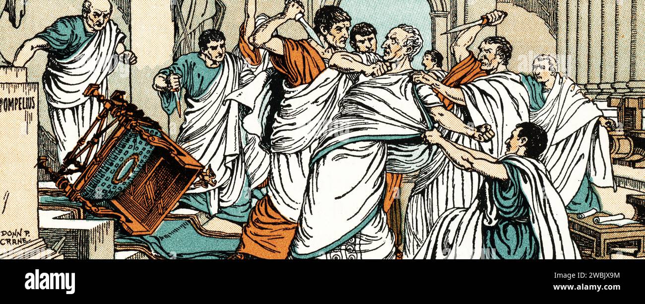 L'assassinio di Giulio Cesare, 15 marzo, 44 a.C. Di Donn Philip Crane (1878-1944). Giulio Cesare (100 a.C.-44 a.C.), fu assassinato da un gruppo di 60 a 70 senatori sulle idi del marzo del 44 a.C., durante un incontro del Senato alla Curia di Pompeo del Teatro di Pompeo, Roma. Il gruppo di senatori era guidato da Marco Giunio Bruto, Gaio Cassio Longino e decimo Giunio Bruto Albino. Foto Stock
