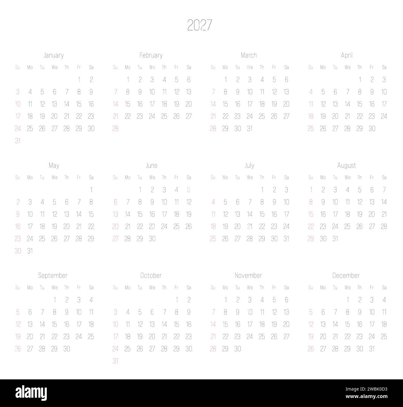 Calendario mensile dell'anno 2027. La settimana inizia la domenica. Blocco di mesi in due file e sei colonne disposizione orizzontale. Design minimalista e sottile. Illustrazione vettoriale. Illustrazione Vettoriale