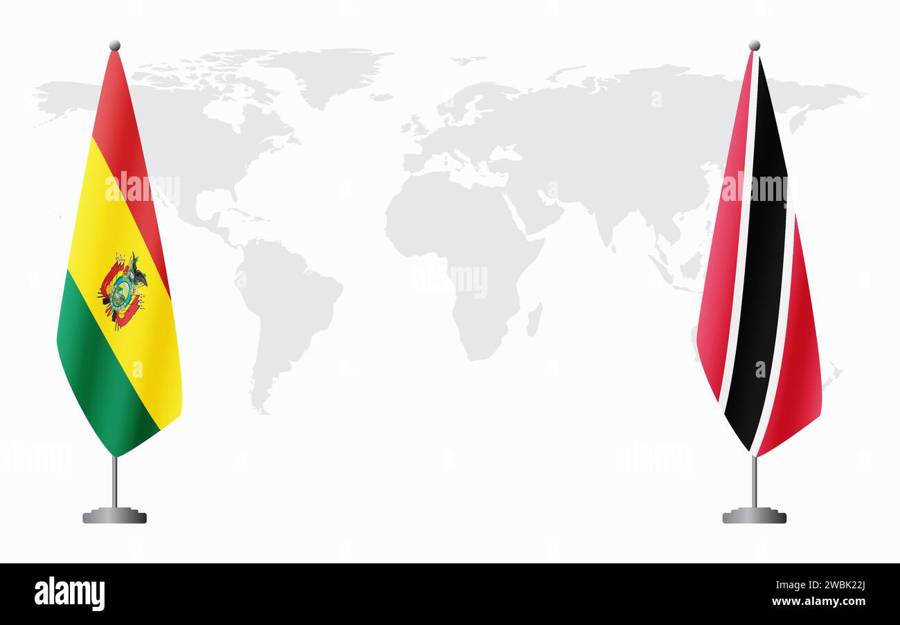 Bolivia, Trinidad e Tobago bandiere per un incontro ufficiale sullo sfondo della mappa mondiale. Illustrazione Vettoriale