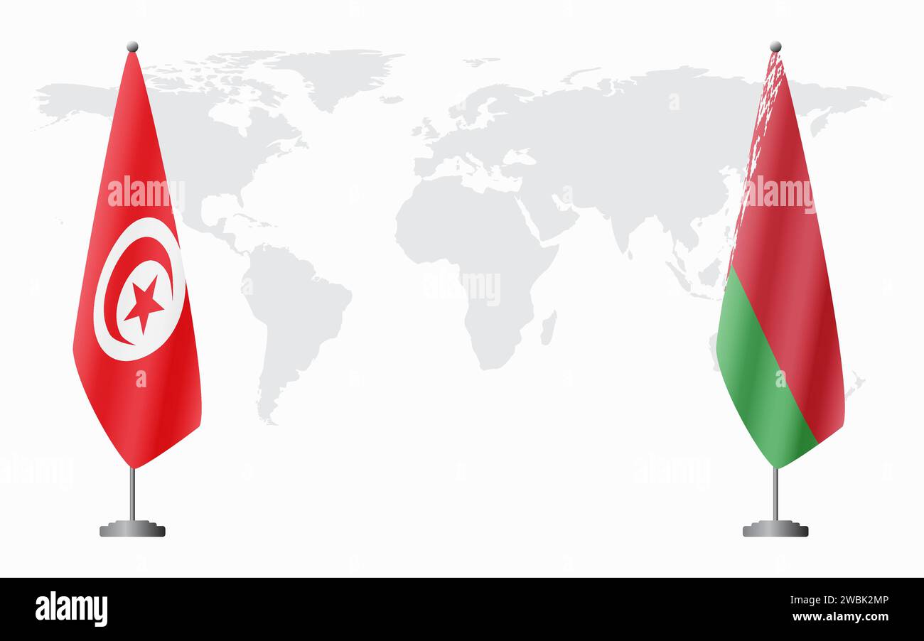 Bandiere tunisine e bielorusse per incontri ufficiali sullo sfondo della mappa mondiale. Illustrazione Vettoriale