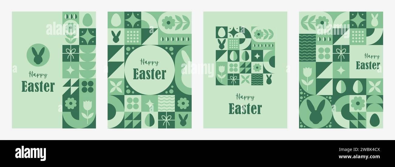 Cartoline di buona Pasqua. Set di 4 poster minimali di design geometrico vintage anni '20 con elementi di forma primitiva verde. Modello geometrico neo. Vettore Illustrazione Vettoriale