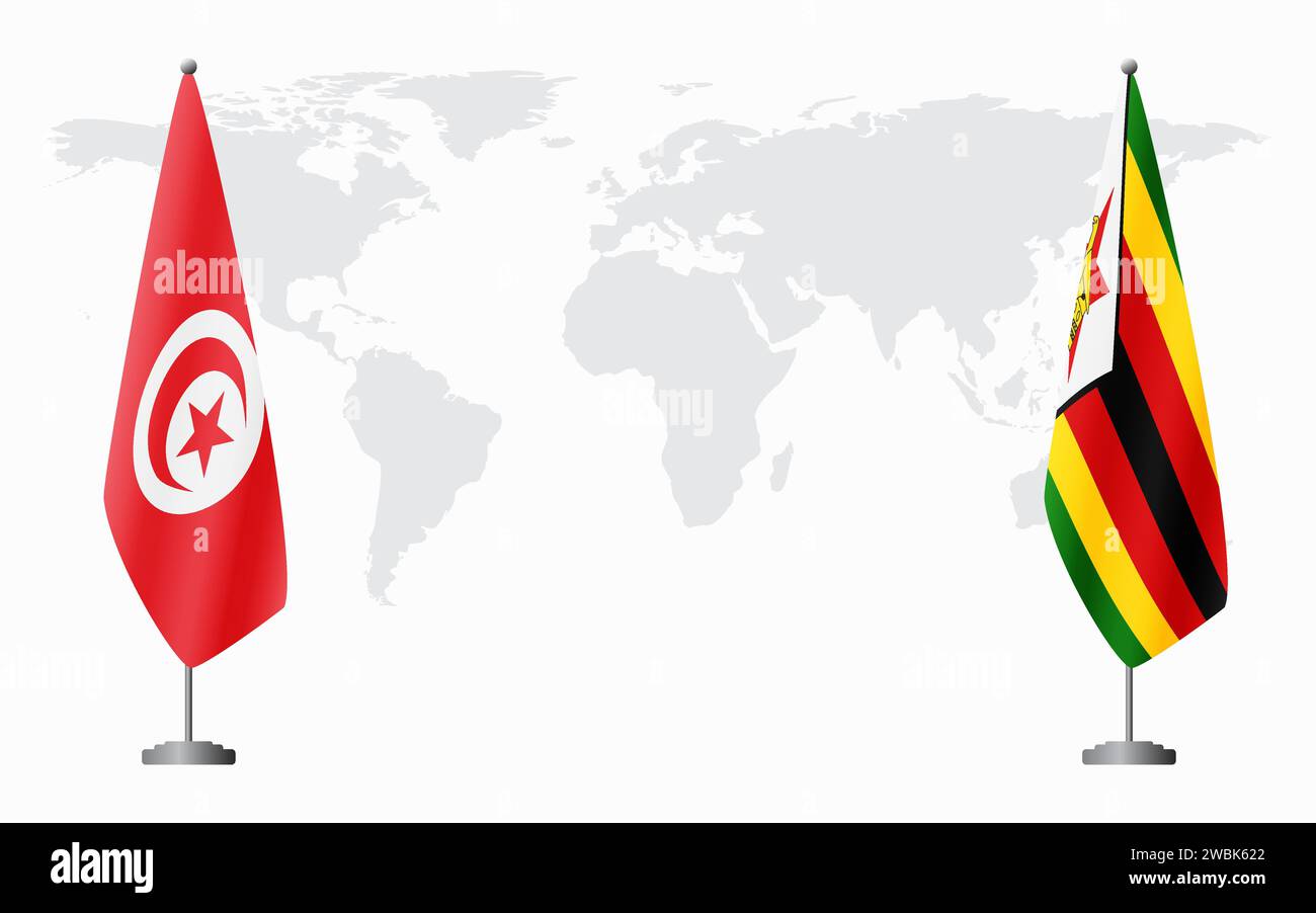 Tunisia e Zimbabwe bandiere per un incontro ufficiale sullo sfondo della mappa mondiale. Illustrazione Vettoriale