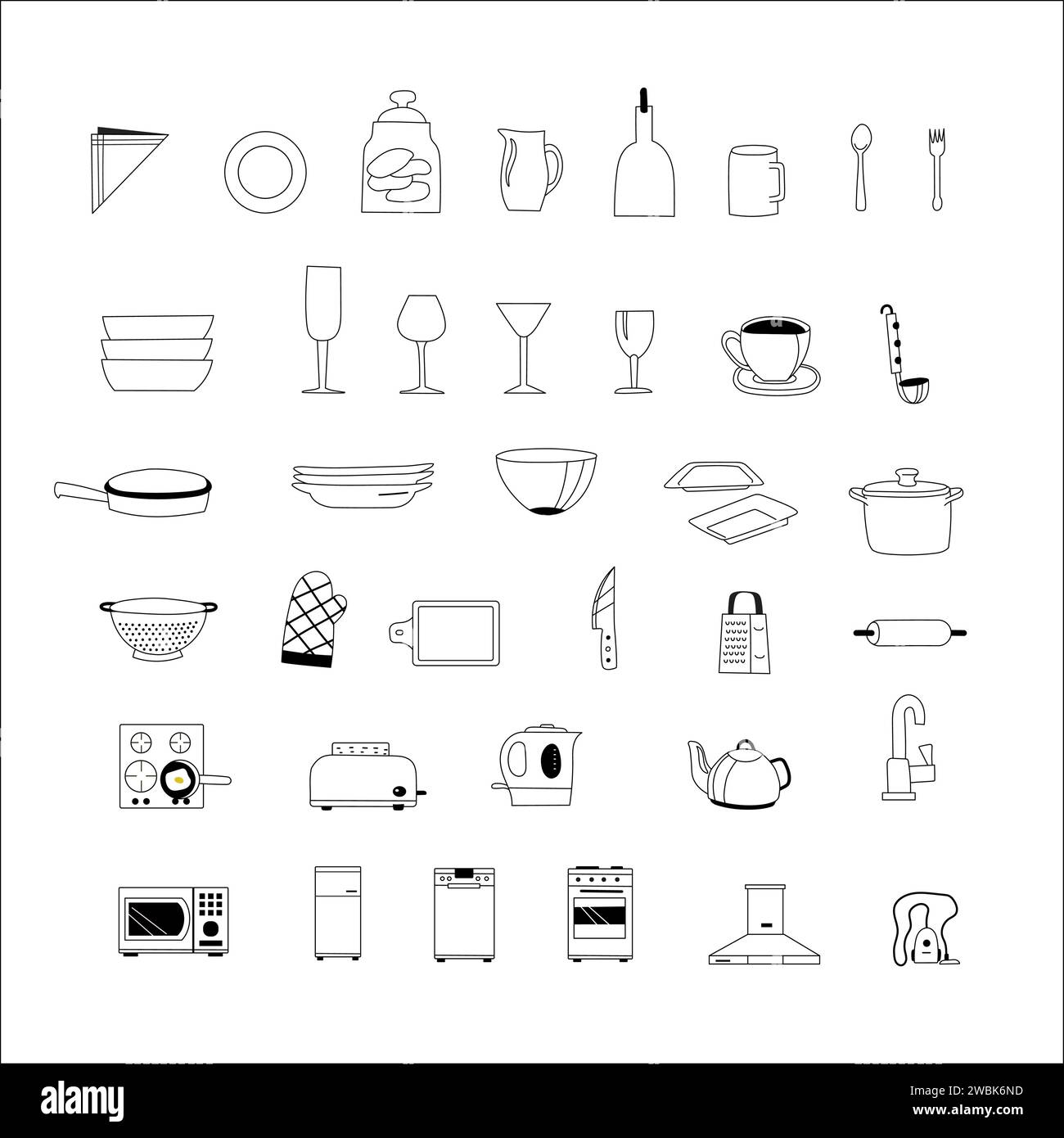 Collezione di utensili da cucina in stile piatto. Set di semplici icone dei contorni disegnate a mano degli utensili da cucina. Illustrazione Vettoriale
