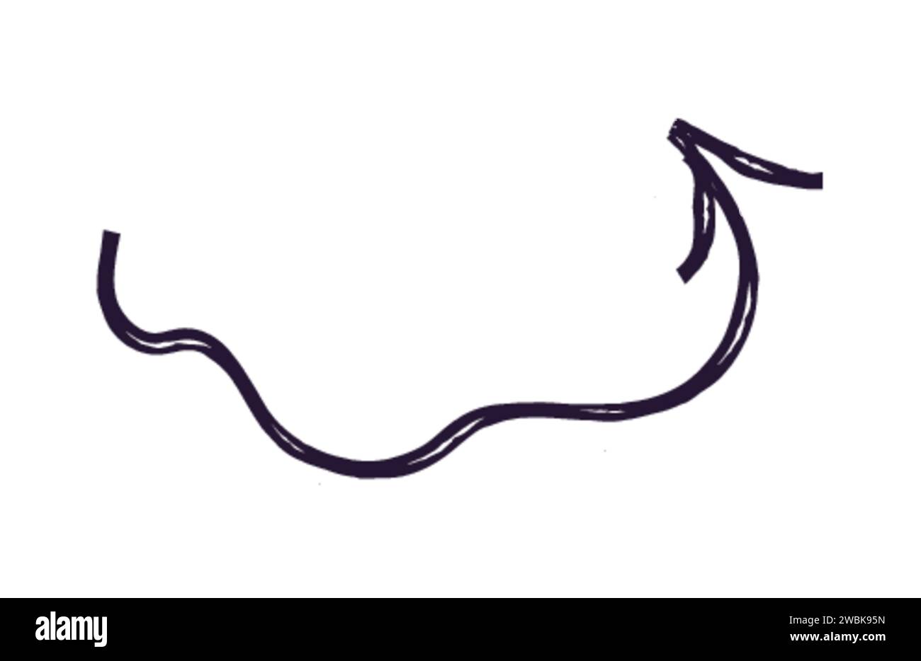 Freccia a forma di gesso di pastello disegnata a mano. freccia curvata e ondulata isolata su sfondo bianco. colpo di schiaffo o di scarabocchio. Elemento per diagrammi. VEC Illustrazione Vettoriale
