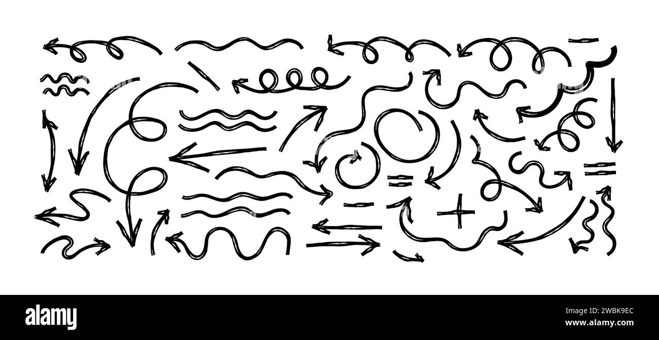 Set di frecce a linea di gesso di pastelli disegnati a mano. Molte frecce curvate e ondulate isolate su sfondo bianco. Gruppo di colpi di spruzzi e scarabocchi. E Illustrazione Vettoriale