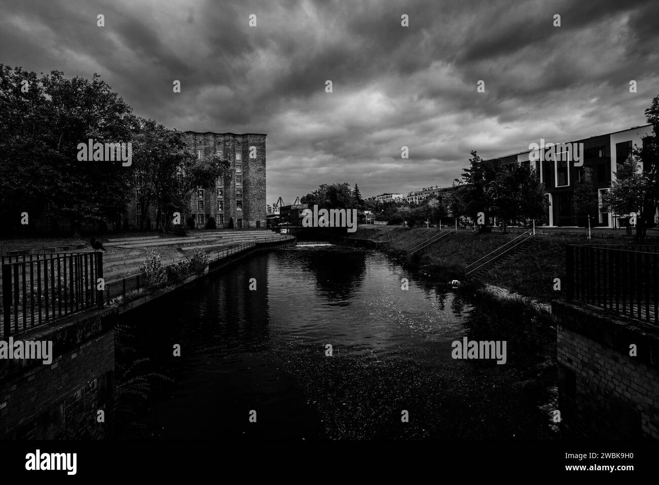 North Harbor Forebay a Berlino, Germania, bianco e nero Foto Stock