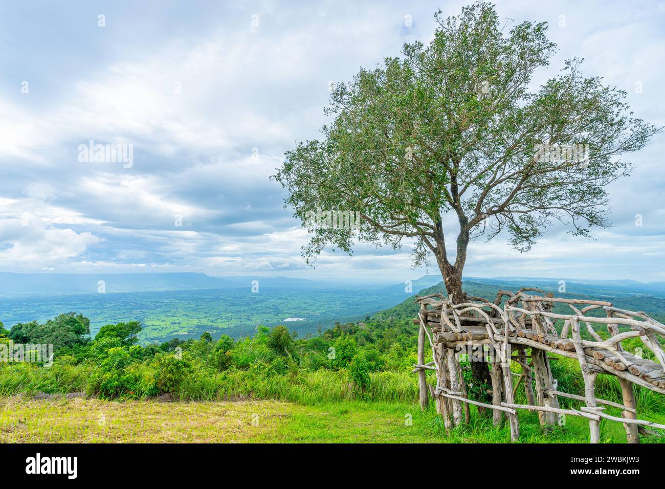 Splendido panorama di un campo verde con una lunga montagna nella vista dalla scogliera chiamata Pa Hua Mak nel parco nazionale di Mo Hin Khao, Chaiyaphum, Thailandia. Foto Stock