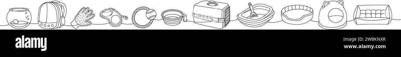 Assortimento di prodotti per animali domestici. Acquario, terrario, porta zaino, guanto per la rimozione dei peli, metro a nastro, giocattolo per masticare il cane, custodia da trasporto, ciotola per cani, Illustrazione Vettoriale