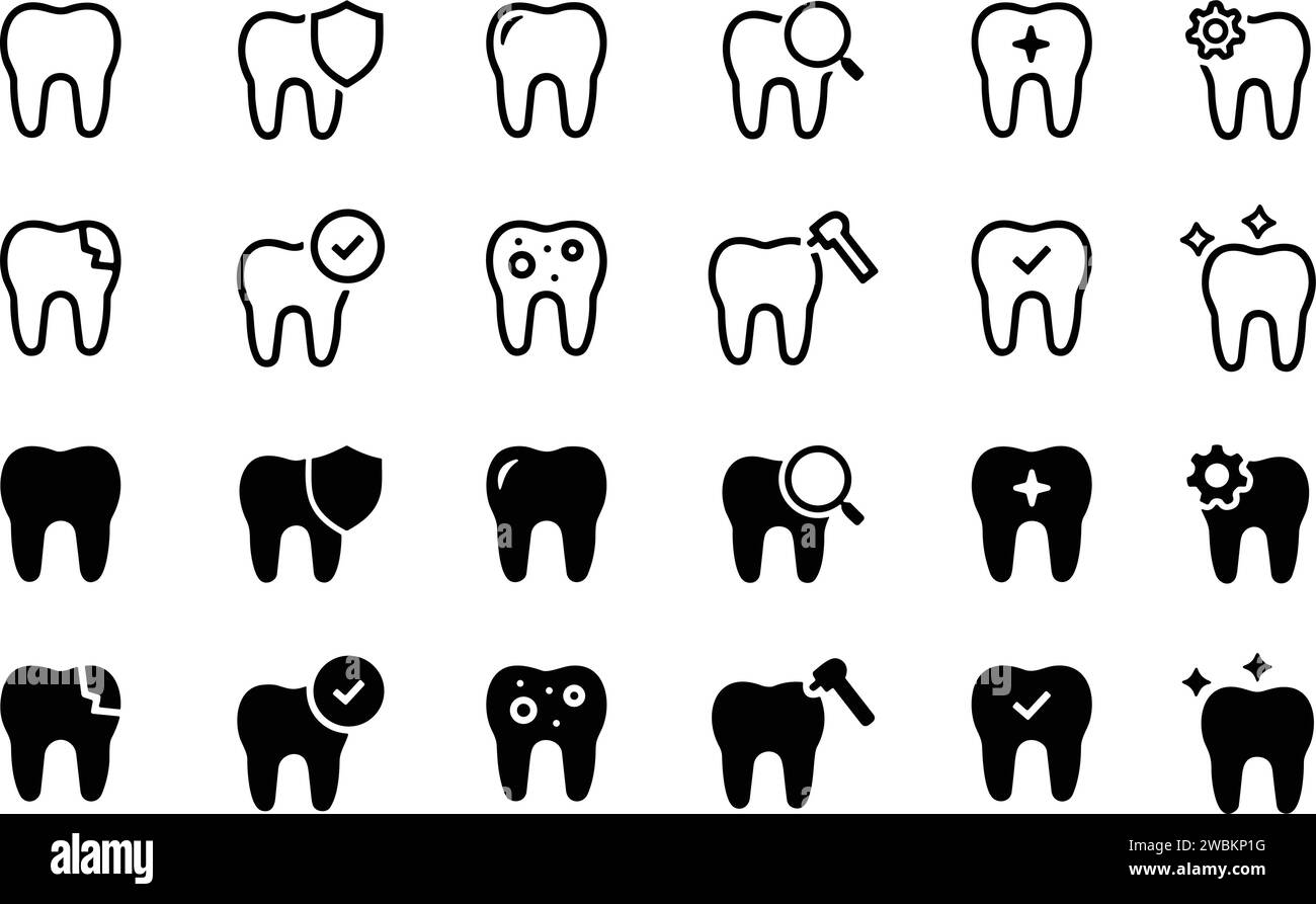 Icone dentarie impostate. Dentista, cura, malattia, sbiancamento dei denti, rimozione, rottura, canale radicolare, riempimento dei denti e denti saggezza. Illustrazione vettoriale Illustrazione Vettoriale