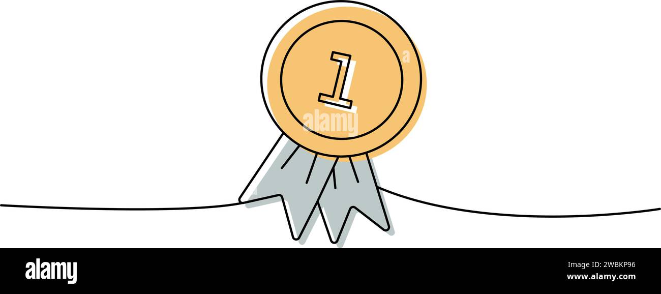 Primo posto medaglia d'oro una linea disegno continuo a colori. Accessori per animali, il giocattolo per animali fornisce un'illustrazione continua a una riga. Illustrazione Vettoriale