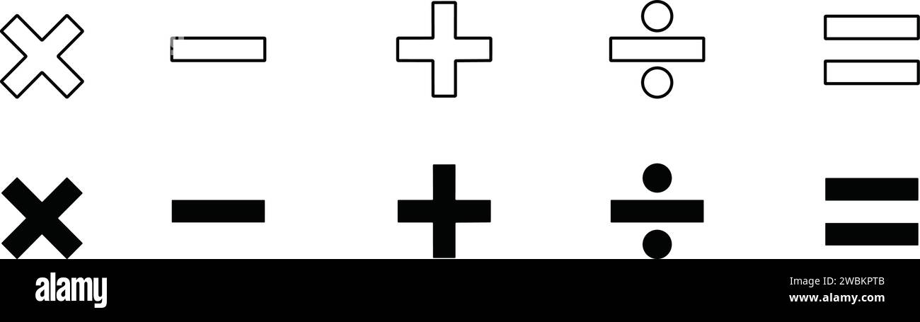 Set di icone simboli matematici. Moltiplicazione matematica Minus Plus EQUAL, illustrazione vettore di divisione. Addizione, sottrazione. Illustrazione Vettoriale