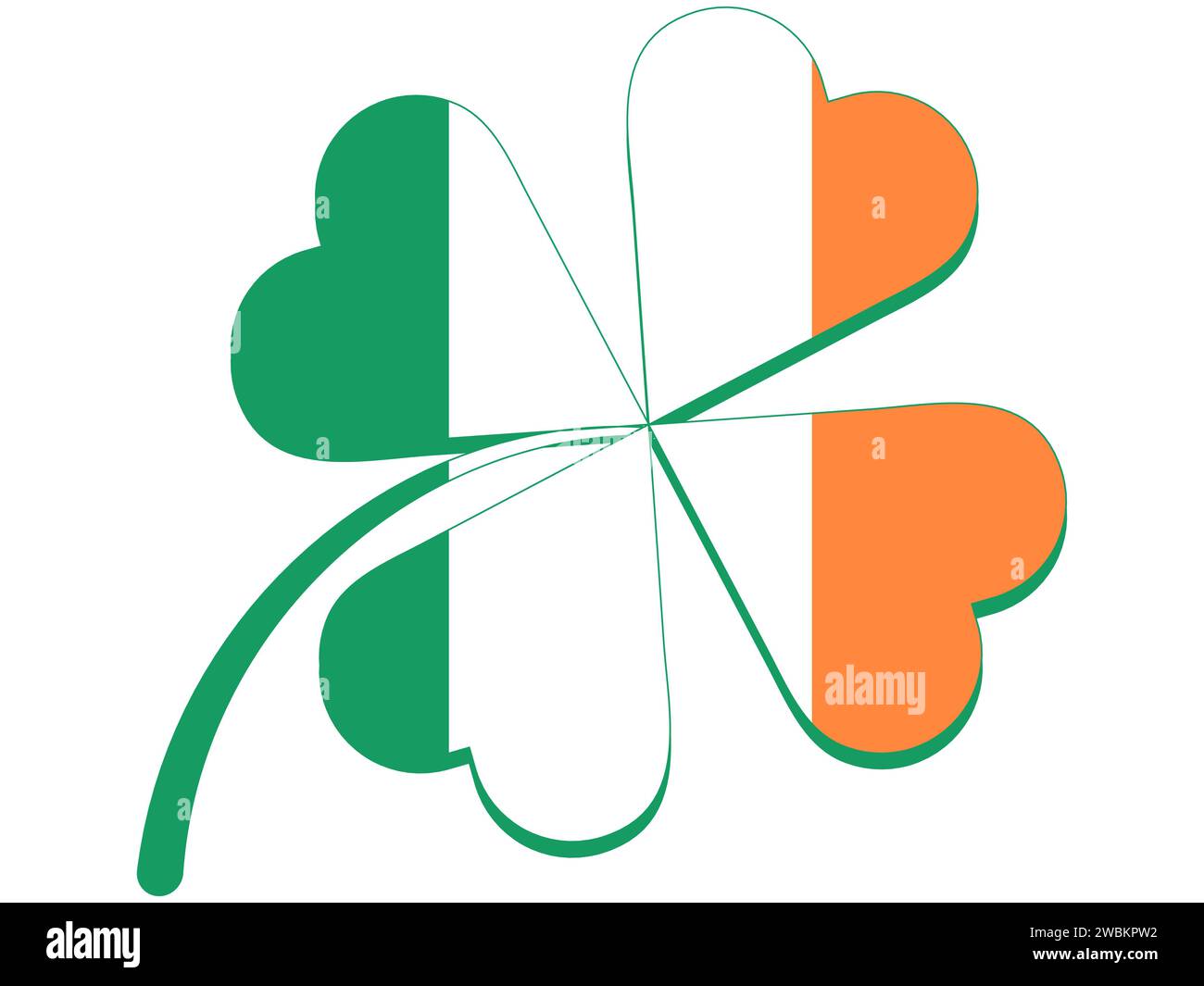 Profilo Shamrock con i colori della bandiera irlandese all'interno isolato su sfondo bianco. Giorno di San Patrizio o simbolo dell'Irlanda. Logo con design piatto Illustrazione Vettoriale