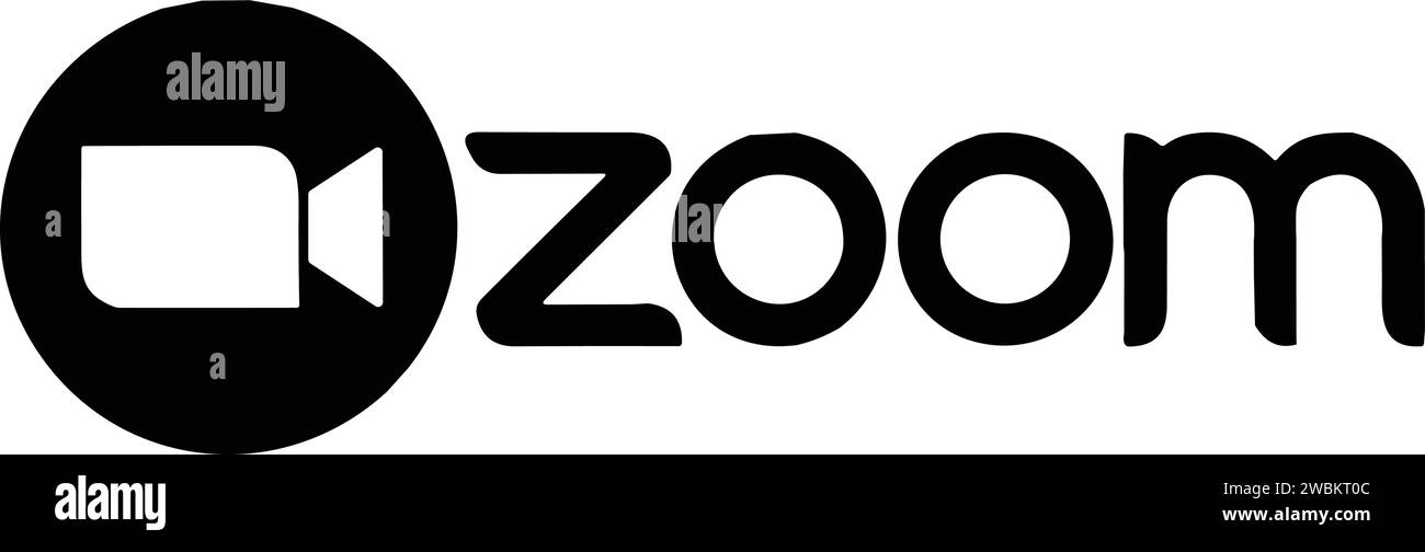 Logo dell'app Zoom. Applicazione per comunicazioni video con piattaforma cloud per conferenze video e audio, chat e webinar. Icona fotocamera nera. sociale Illustrazione Vettoriale