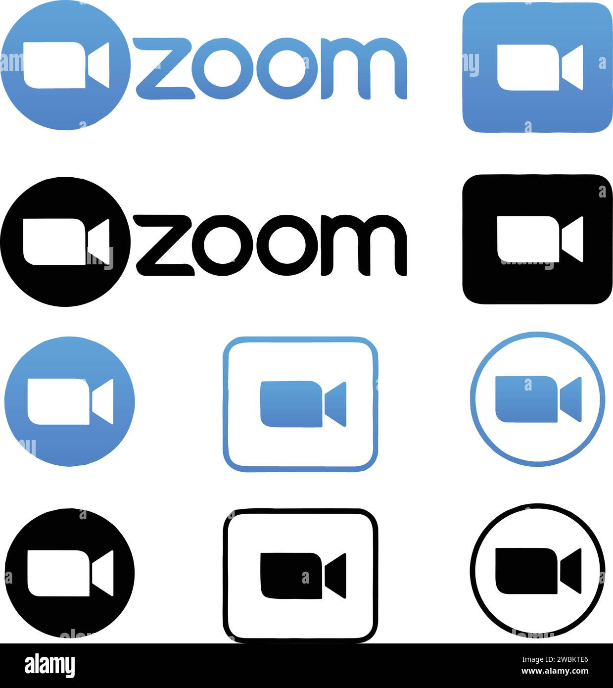 Set di logo dell'app Zoom. Applicazione per comunicazioni video con piattaforma cloud per conferenze video e audio, chat e webinar. Icona fotocamera blu. soc Illustrazione Vettoriale