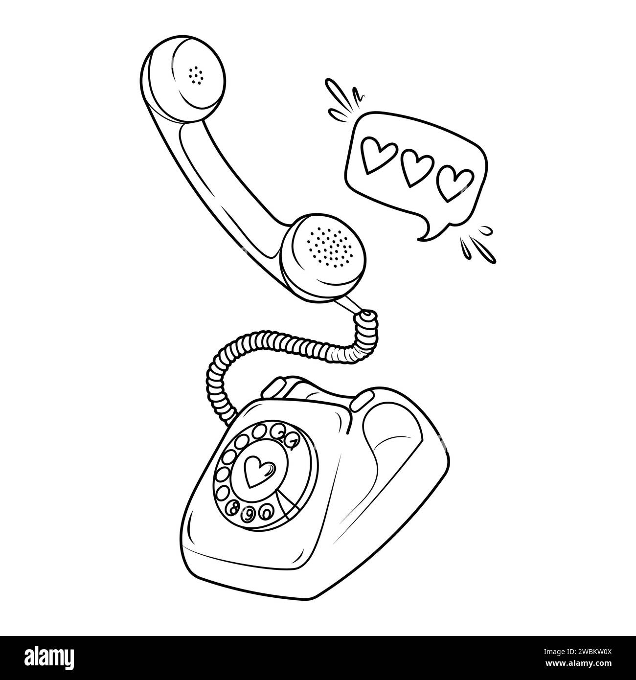 Illustrazione vettoriale disegnata a mano di telefono e cuori retrò. Un romantico schizzo di doodle per san valentino. Illustrazione Vettoriale