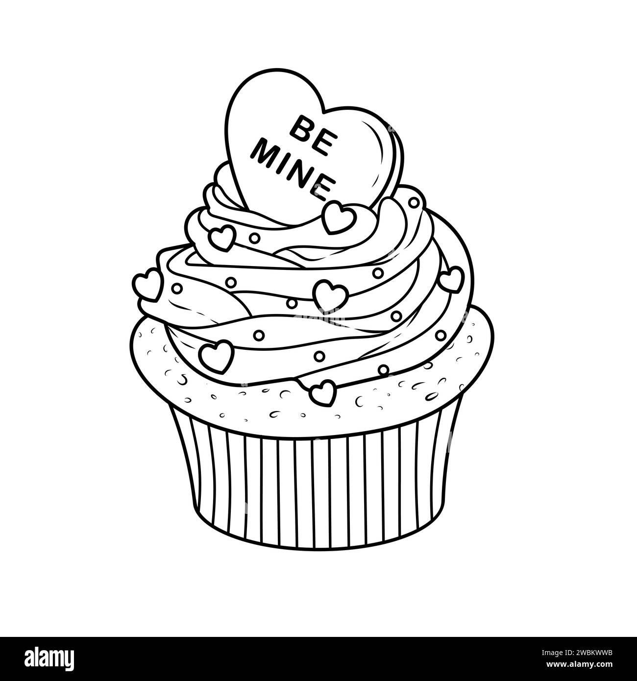 Illustrazione vettoriale di cupcake per san valentino.schizzo di brownie con decorazione a cuori. Pagina del libro colorato Illustrazione Vettoriale