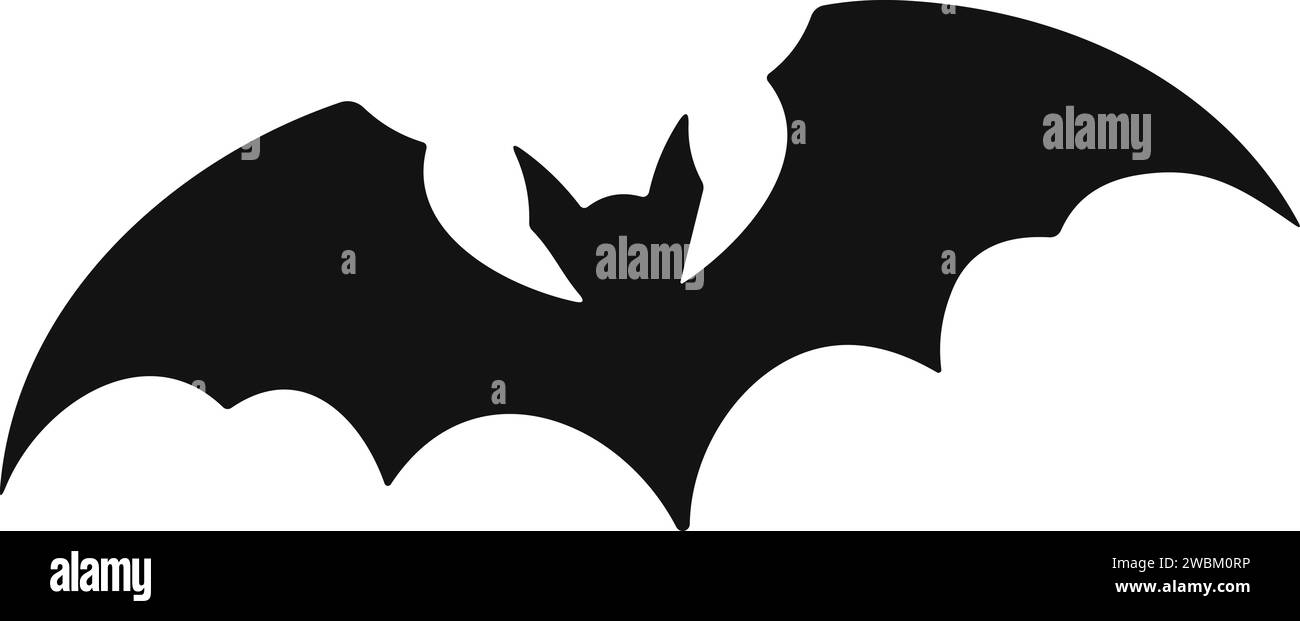 BAT horror flat. Adesivo con mouse nero per decorazione di Halloween. Icona semplice con animale. Silhouette di pipistrello volante Illustrazione Vettoriale