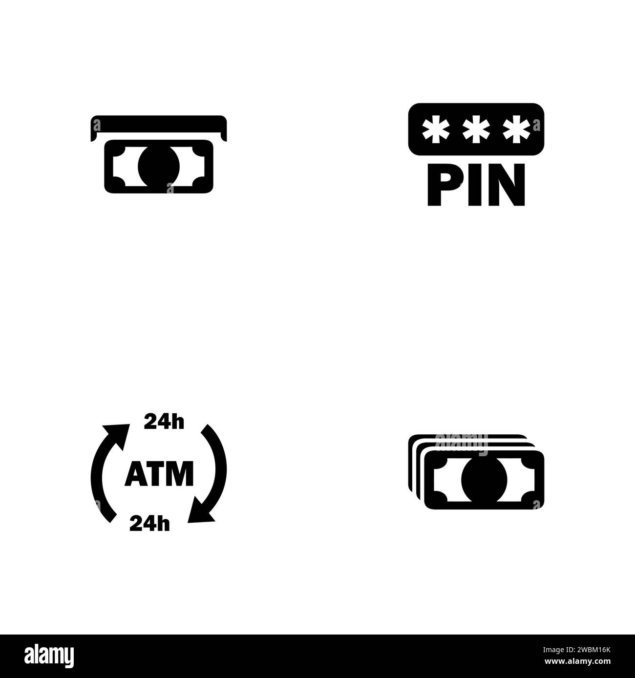 Bancomat. Una serie di quattro icone nere fisse isolate su uno sfondo bianco. Illustrazione Vettoriale