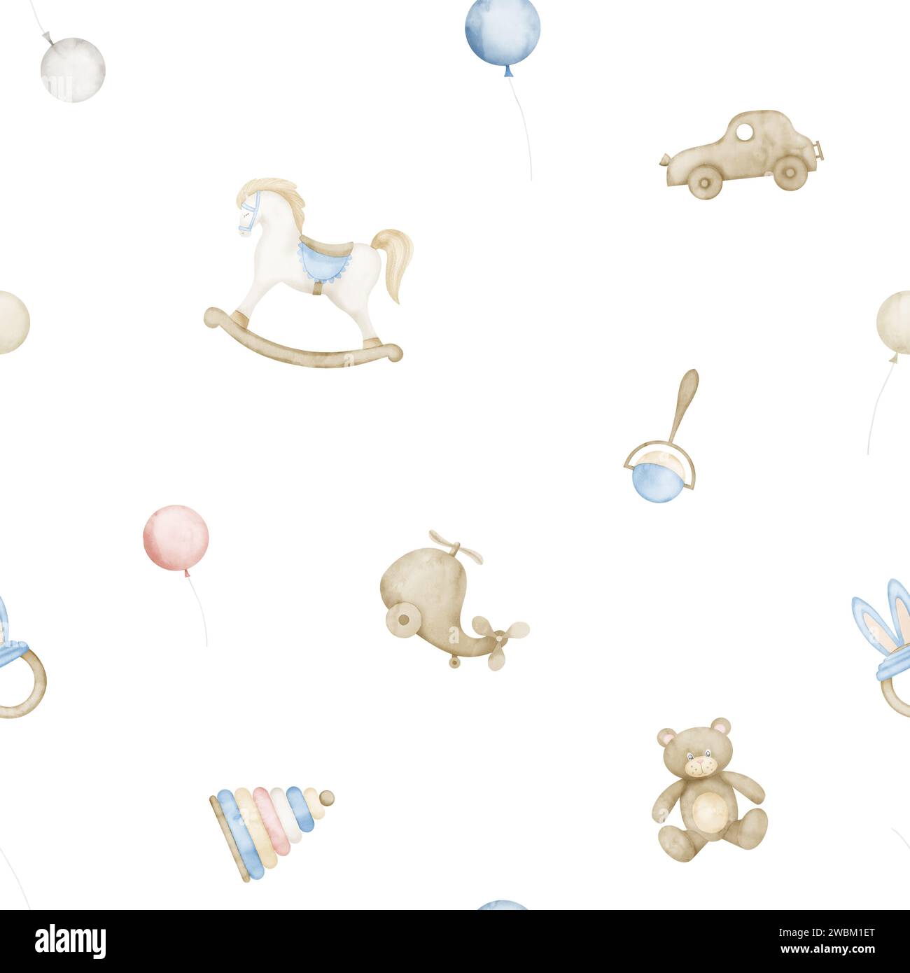 Cucciolo di giocattoli ad acquerello senza cuciture. Sfondo per il design tessile per neonati o carta da imballaggio per bambini. Ornamento per bambini con cavallo a dondolo, orsacchiotto e palloncini. Illustrazione disegnata a mano. Foto Stock