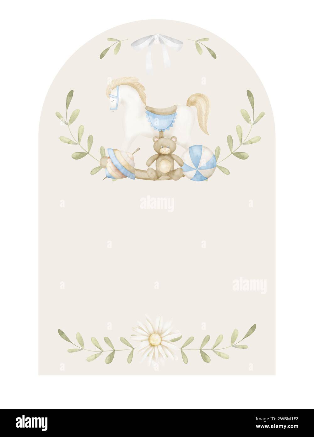 Modello doccia per bambini per biglietti di auguri o inviti per bambini. Illustrazione ad acquerello dei giocattoli vintage per bambini. Cornice con cavallo a dondolo e orsacchiotto su sfondo beige. Disegno carino. Foto Stock