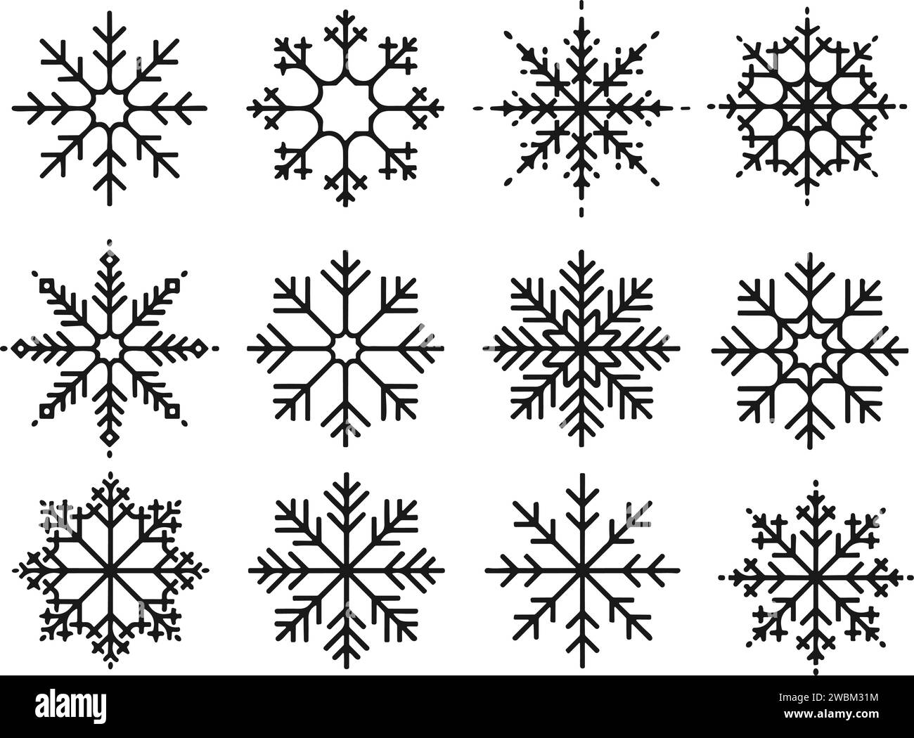 set di icone a linea sottile con fiocchi di neve, ad esempio un pacchetto di fiocchi di neve semplici, fiocchi di neve, fiocchi di neve, icone per report, presentazioni, diagramma, web design Illustrazione Vettoriale