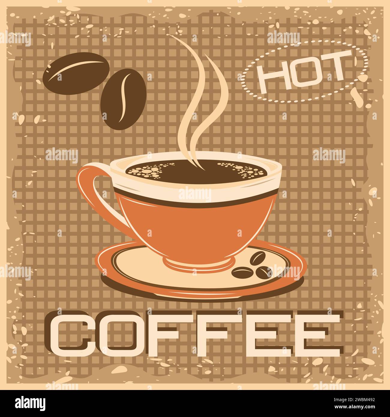 Tazza da caffè con vapore su sfondo grunge vecchio per poster, striscioni e coperture. Illustrazione Vettoriale