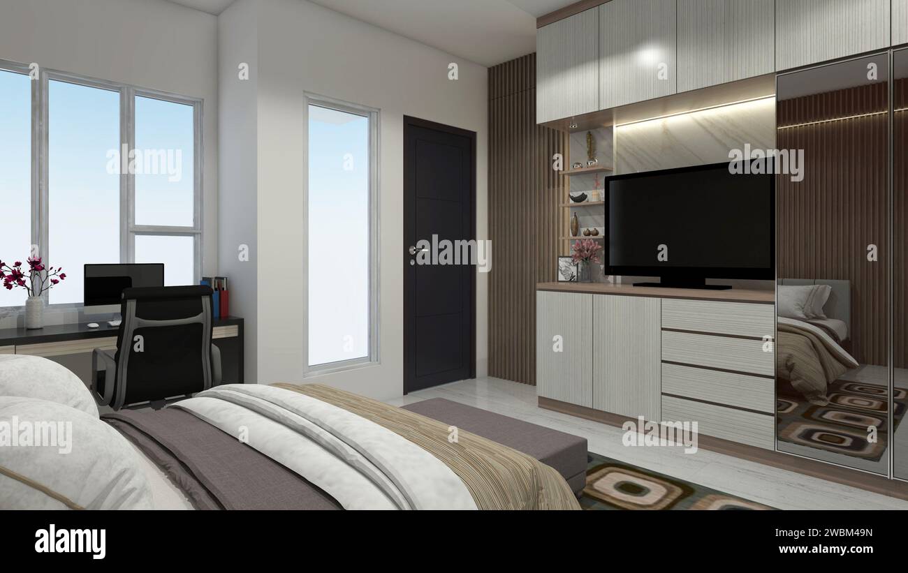 Design moderno dell'armadietto TV con vano portaoggetti per gli interni della camera da letto Foto Stock