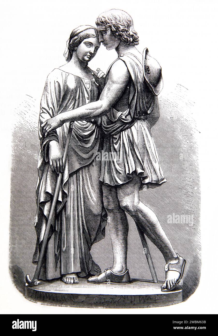 Incisione in legno di statue di figure bibliche Rachel e Jacob da Illustrated Family Bible Foto Stock