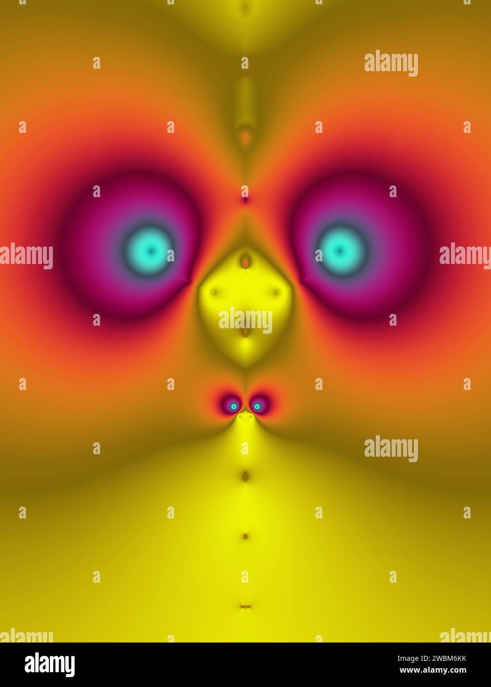 immagine frattale complessa, simpatica creatura del volto, arte digitale, concetto colorato, simmetria astratta arte geometrica colorata arte surreale strani occhi nasali Foto Stock