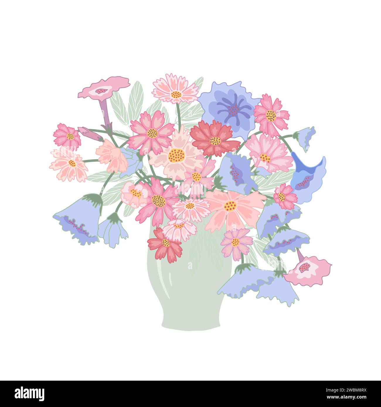Un bel bouquet di fiori rosa e blu in un vaso. Isolato, su sfondo bianco Illustrazione Vettoriale