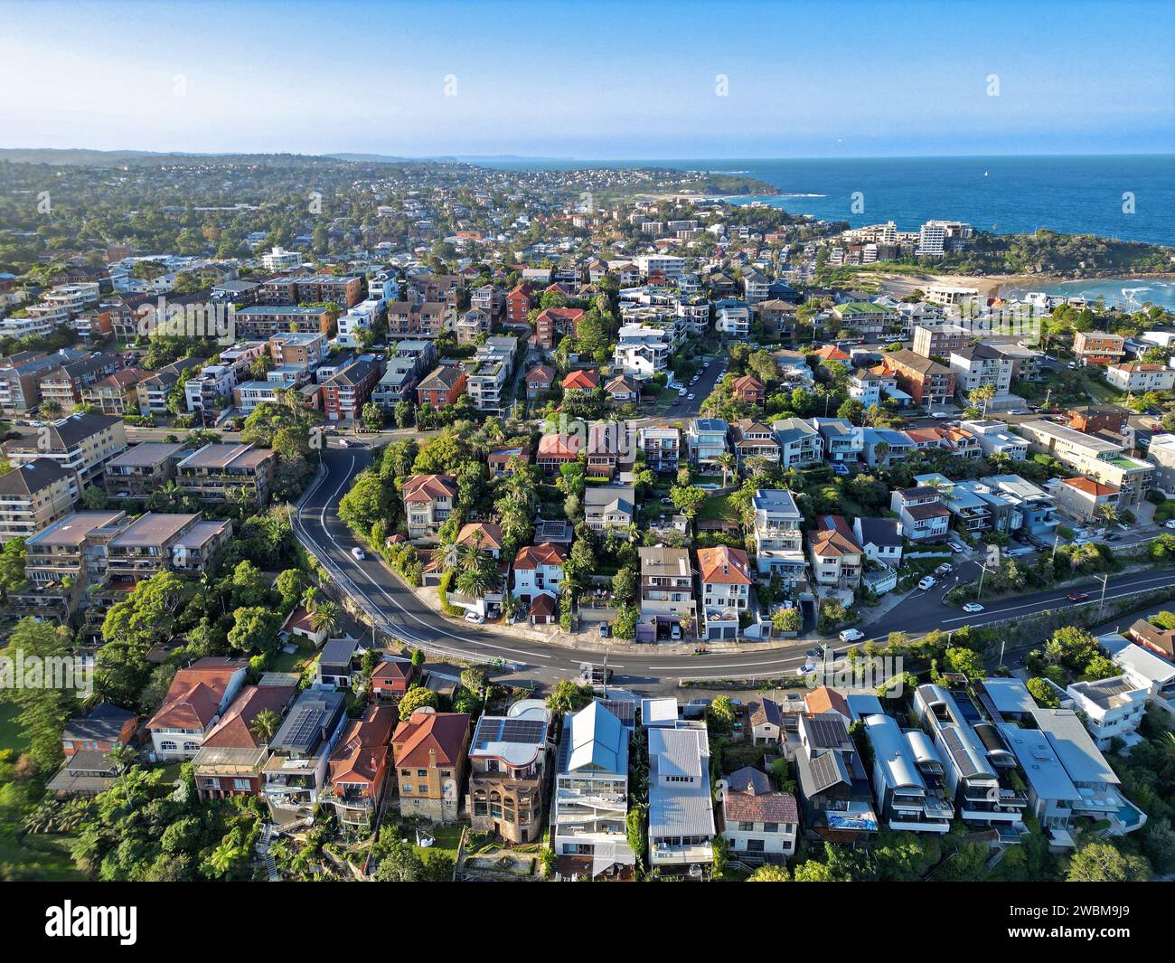 Una foto aerea cattura la mozzafiato Manly Beach, Manly, New South Wales, Australia. Foto Stock