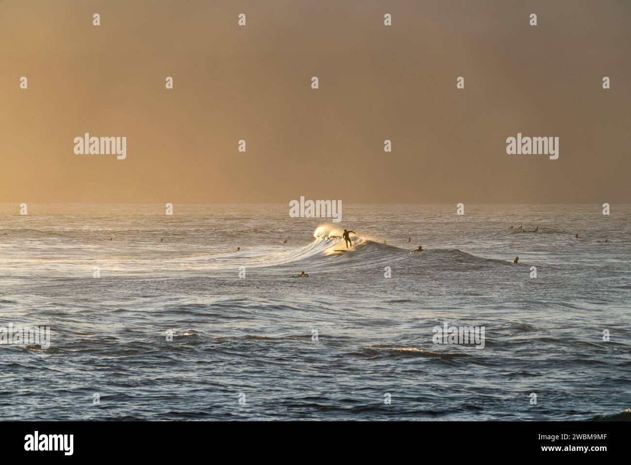 I surfisti trovano armonia con il mare al tramonto sulla spiaggia di ho'okipa, catturando l'essenza del paradiso del surf di Maui. Foto Stock