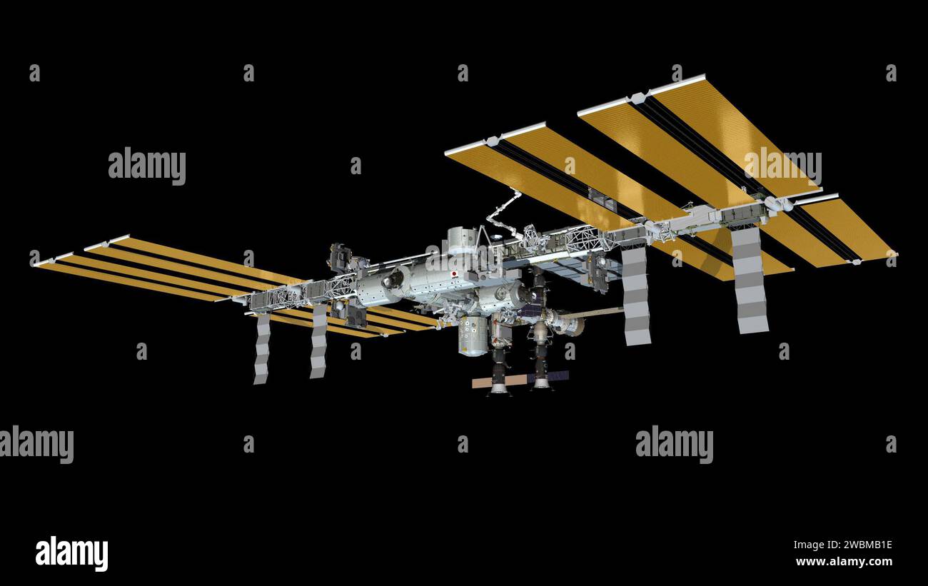 Un'immagine generata dal computer mostra la stazione spaziale Internazionale al 20 giugno 2011, con l'Automated Transfer Vehicle-2 dell'ESA che si sgancia da Zvezda, la Sojuz 27 ancorata alla MRM1, la Progress 42 a Pirs e la Sojuz 26 ancorata a Poisk. Foto Stock