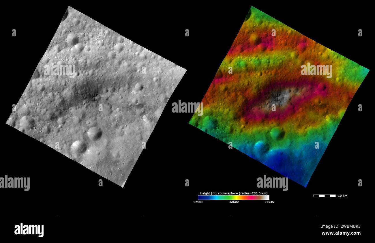 Queste immagini della navicella spaziale Dawn della NASA mostrano Lucaria Tholus sull'asteroide Vesta, da cui prende il nome il quadrangolo Lucaria. Lucaria Tholus è la grande collina a forma grosso modo ellittica al centro dell'immagine. Foto Stock