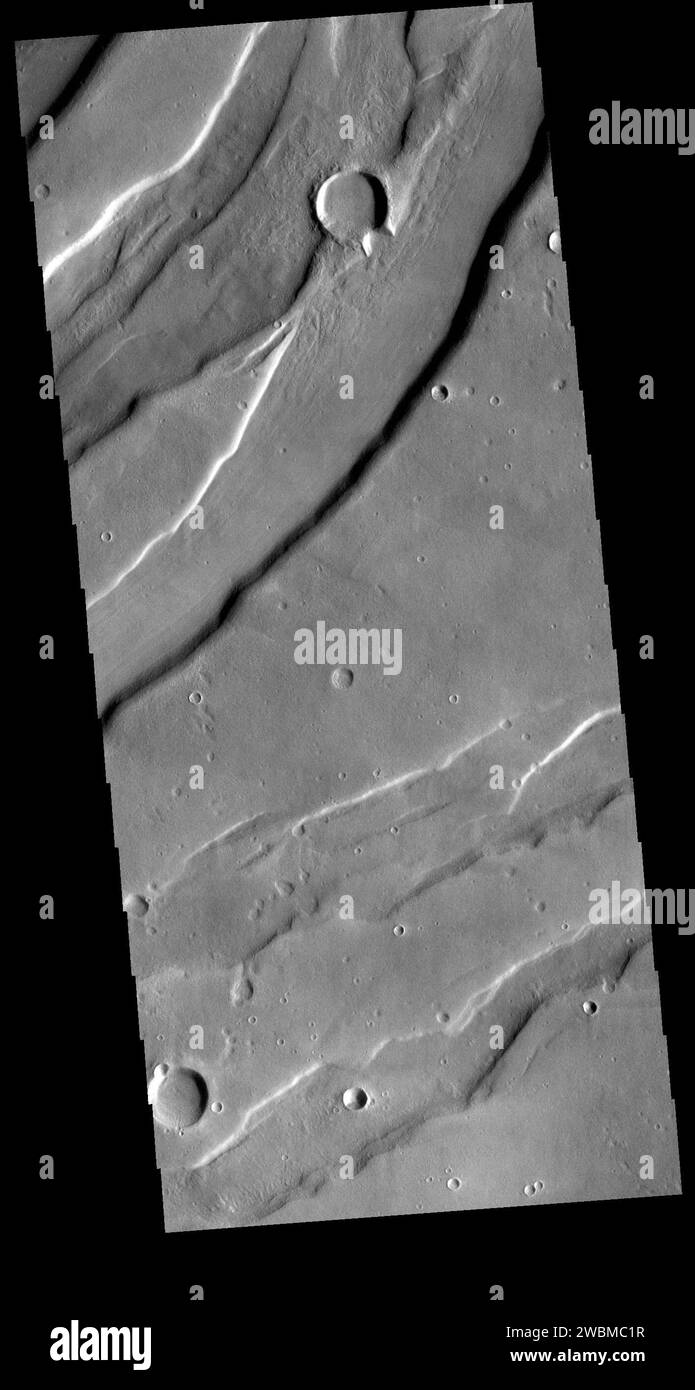 L'immagine VIS di oggi mostra una piccola porzione di Tempe Fossae. I fossili sono graben costituiti da fratture parallele accoppiate con un blocco di materiale abbassato tra l'insieme della frattura. Questa morfologia è creata da sollecitazioni tettoniche estensionali. Questa immagine si trova in una regione di Tempe Terra che presenta una complessa frattura. L'intero sistema fossile è lungo quasi 2000 km (1242 miglia). Numero orbita 80189 latitudine 39,8621 longitudine 286,175 Instrument VIS catturato 2020-01-12 02 09 Foto Stock