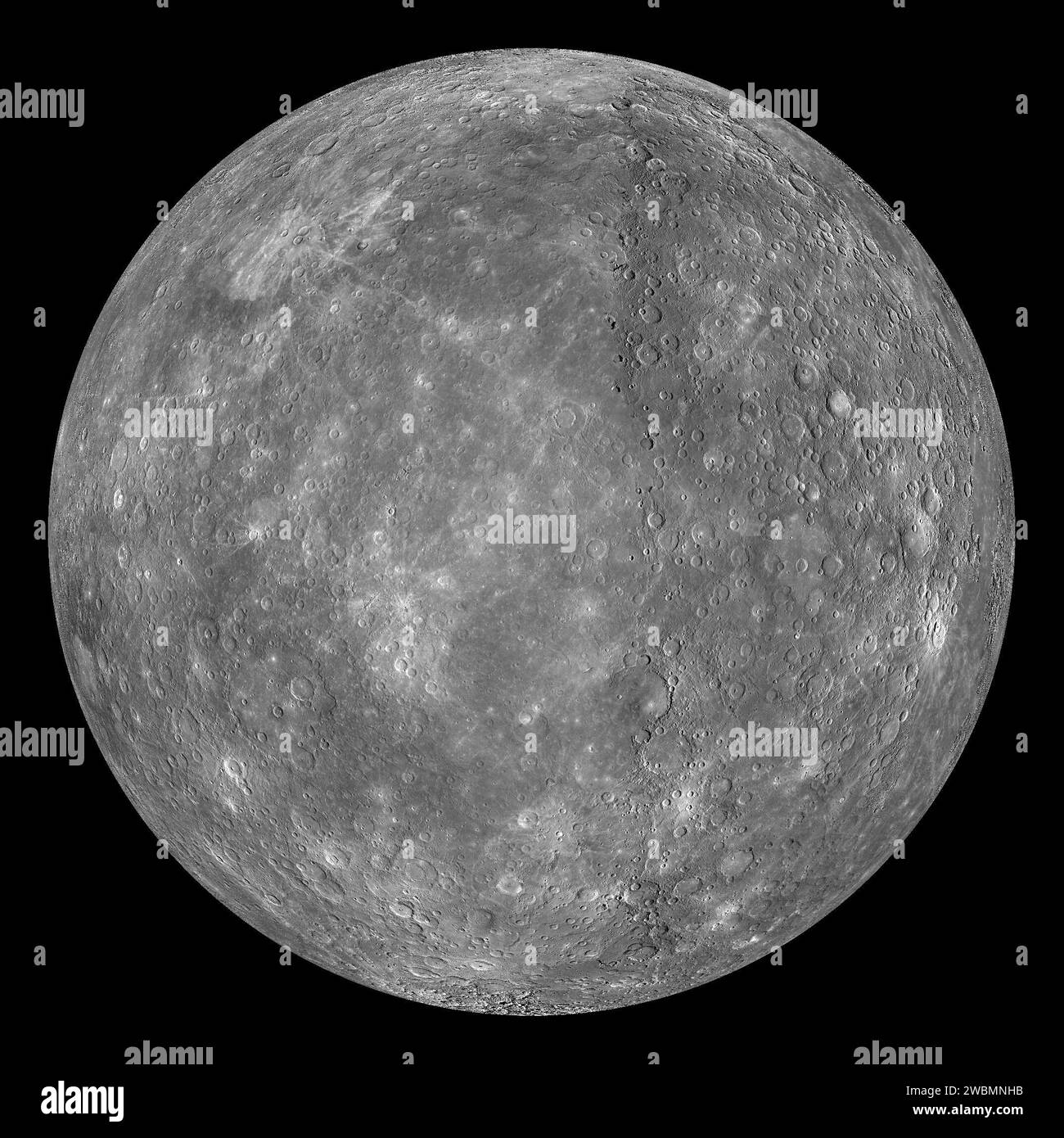 Un globo di mercurio che mostra le coordinate 0°N di latitudine e 270°e di longitudine, evidenziando la superficie del pianeta e i dati della missione MESSENGER. Foto Stock