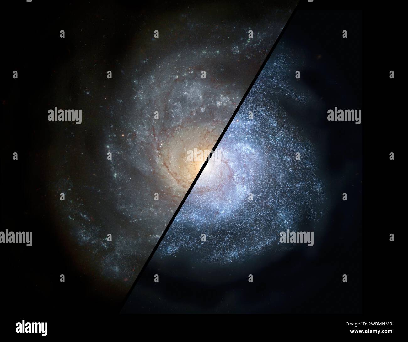 Il concetto di questo artista mostra come una normale galassia a spirale intorno al nostro universo locale (a sinistra) potrebbe aver guardato indietro nell'universo lontano, quando gli astronomi pensano che le galassie sarebbero state riempite da più grandi popolazioni di stelle calde e luminose (a destra). Foto Stock