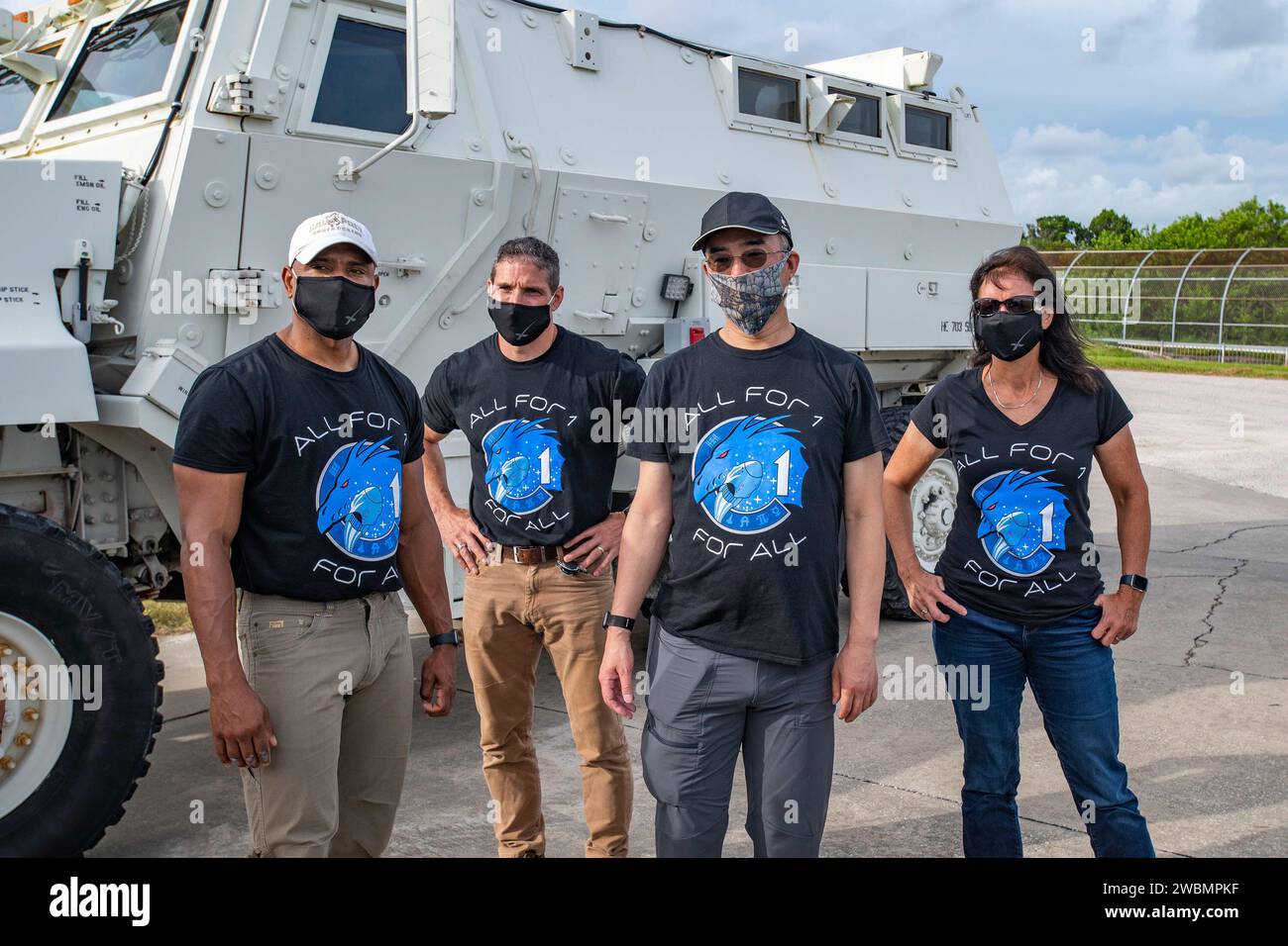 Gli astronauti Victor Glover, Michael Hopkins, Soichi Noguchi e Shannon Walker hanno partecipato ad un esercizio di addestramento SpaceX Crew-1 presso il Kennedy Space Center il 22 luglio 2020, simulando scenari di emergenza prima del lancio della ISS. Foto Stock